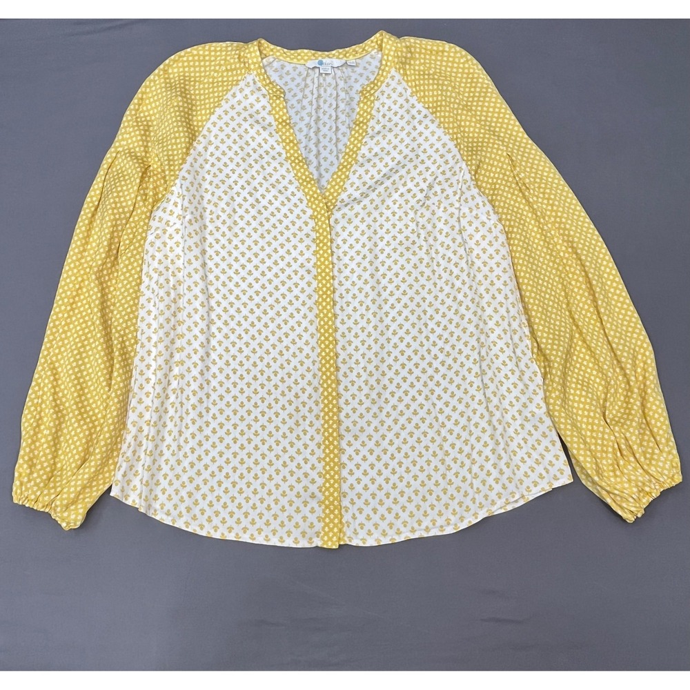 Boden Women Yellow White Floral V-Neck Balloon Sleeve Blouse‎ Sz US 10